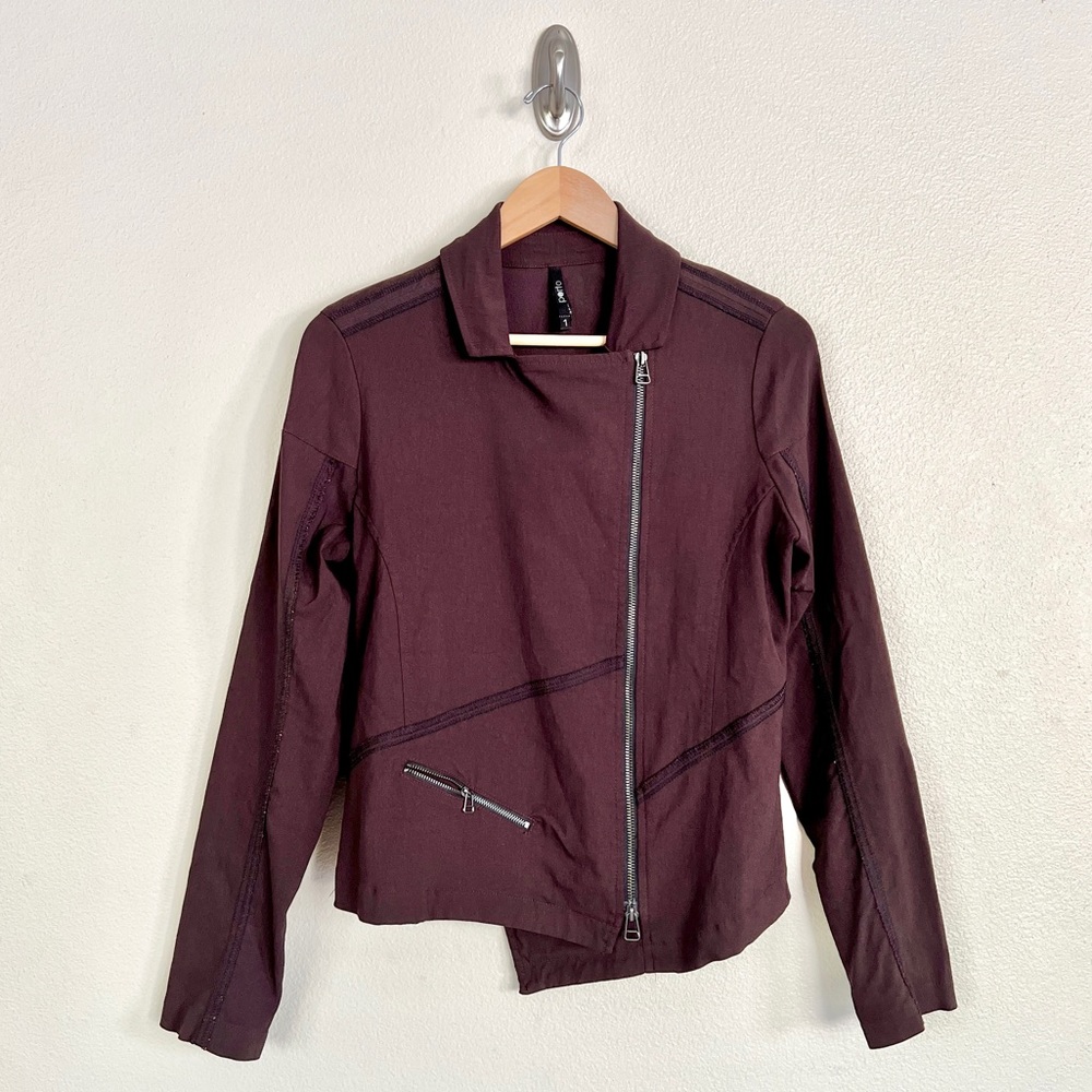 PORTO SF Asymmetrical Zip Contrast Seam Moto Jacket in Brown - Picture 2 of 7